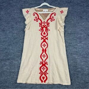 THML Anthropologie Boho Folk Embroidered Mini Dress Cream Red Size Small
